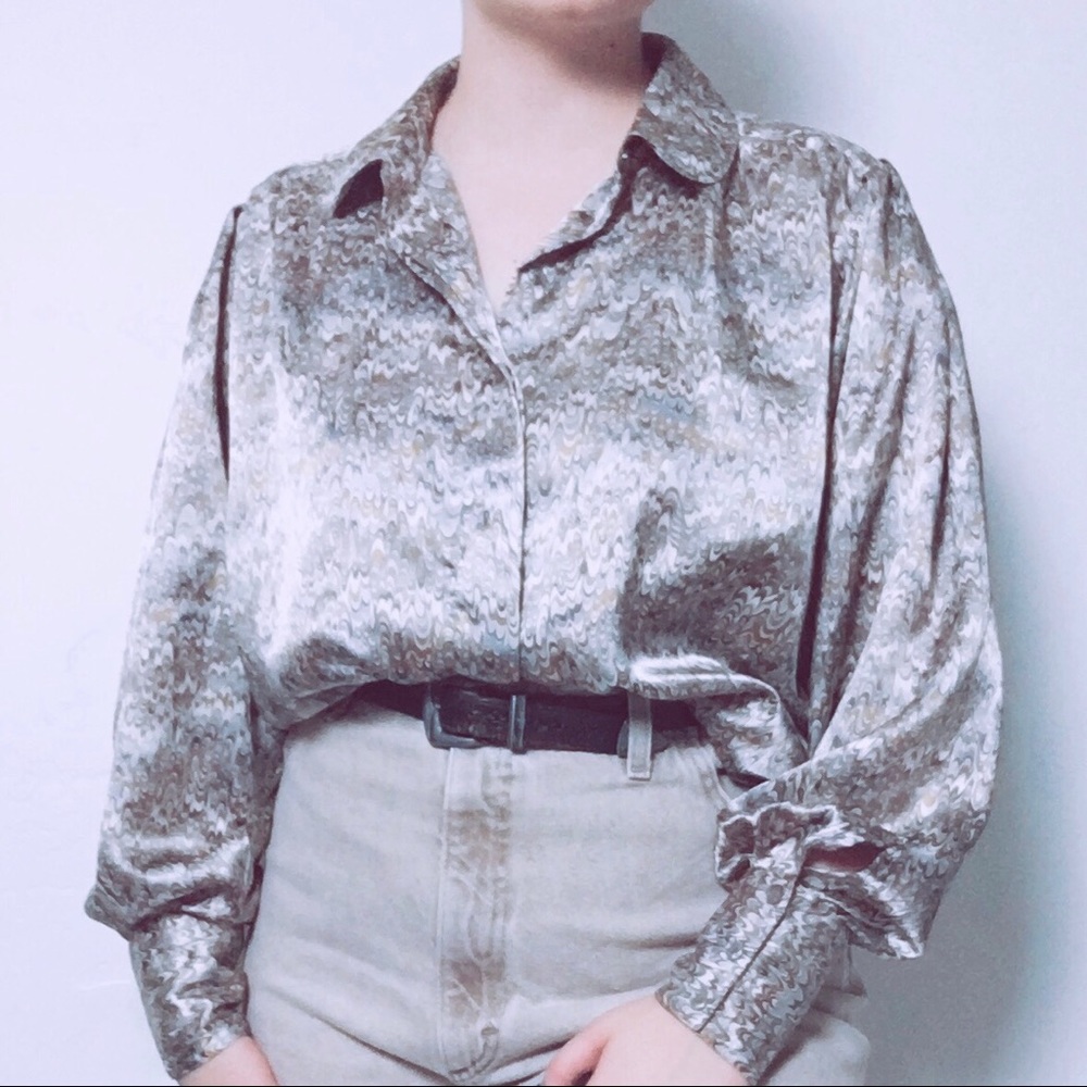 Vintage 70s Marbled Satin Bishop Sleeve Blouse